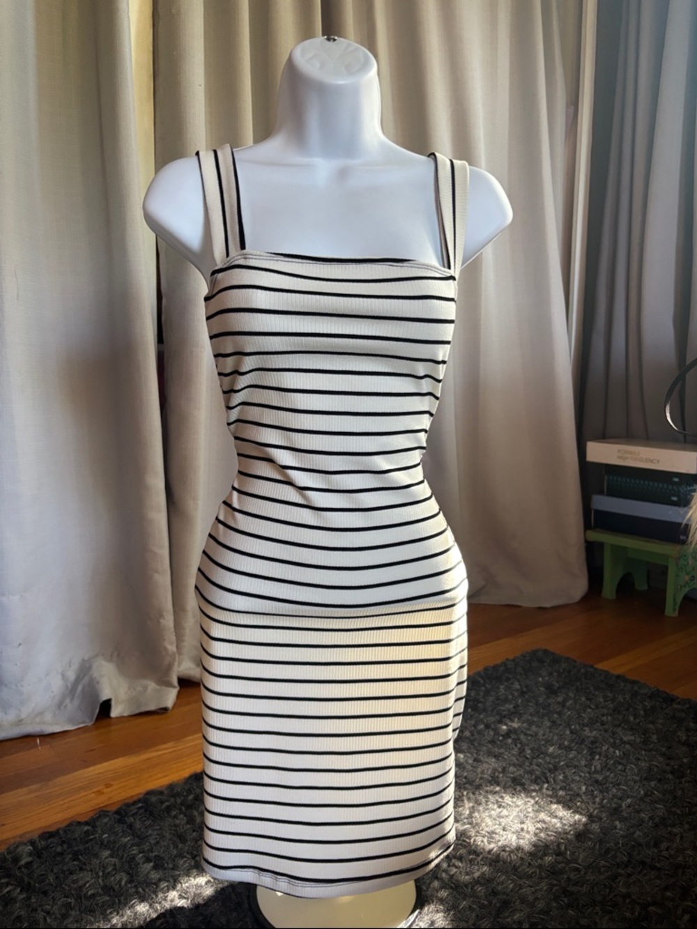 Striped Square Neck Tank Dress in Cream and Black